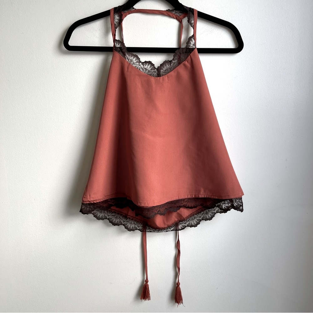 NWT Jach's Girlfriend Crop Tank Top Lace Orange Brown Strappy Tassels Small